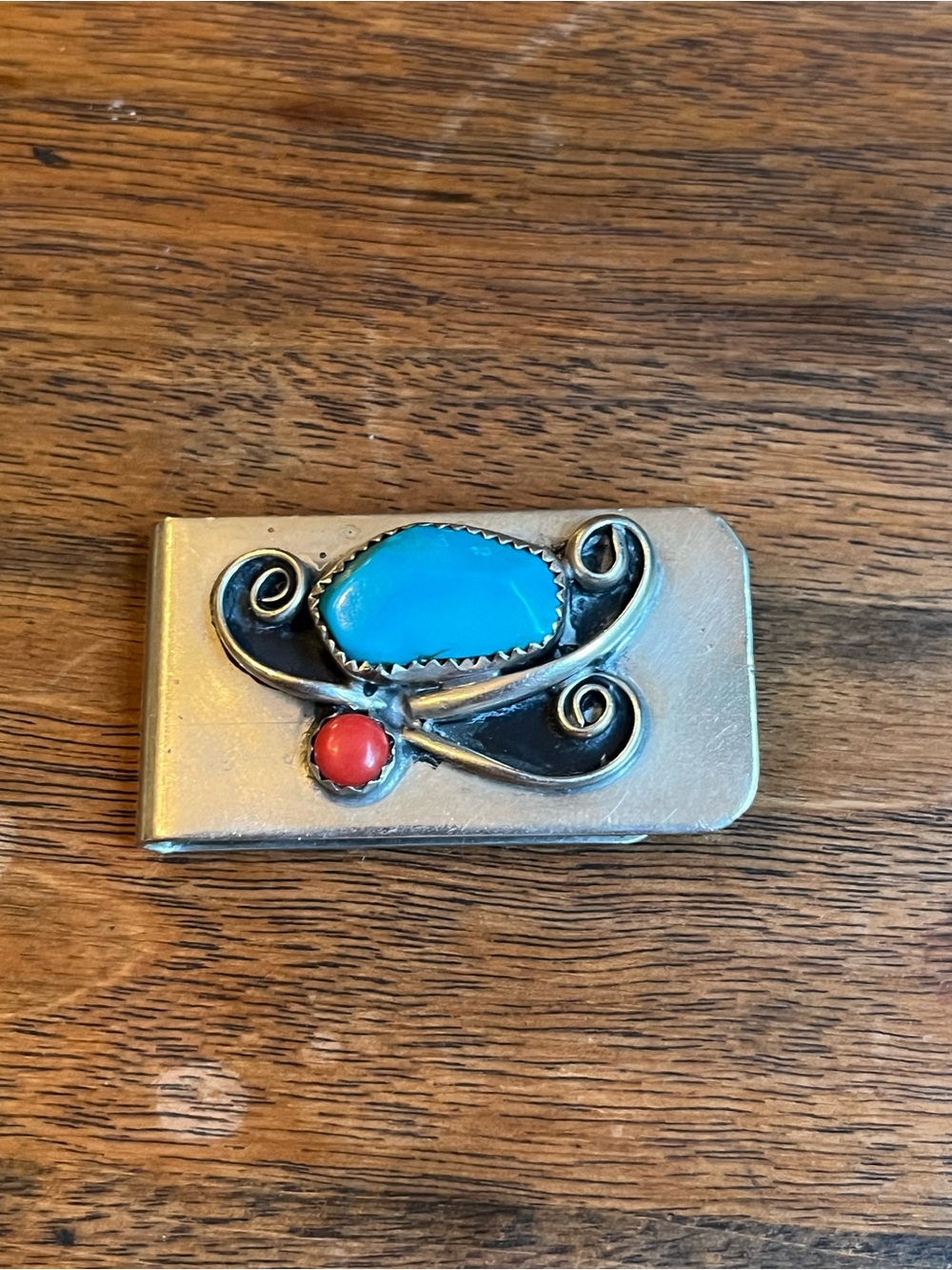 Vintage Sterling Silver Money Clip with Turquoise and Coral Stones